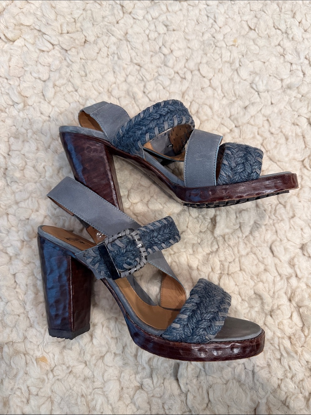 John Fluevog Woven Strap Chunky Heel Sandals in Slate Blue